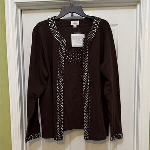 Quacker Factory NWT XL Rhinestone Stud 2fer Brown Cardigan Top